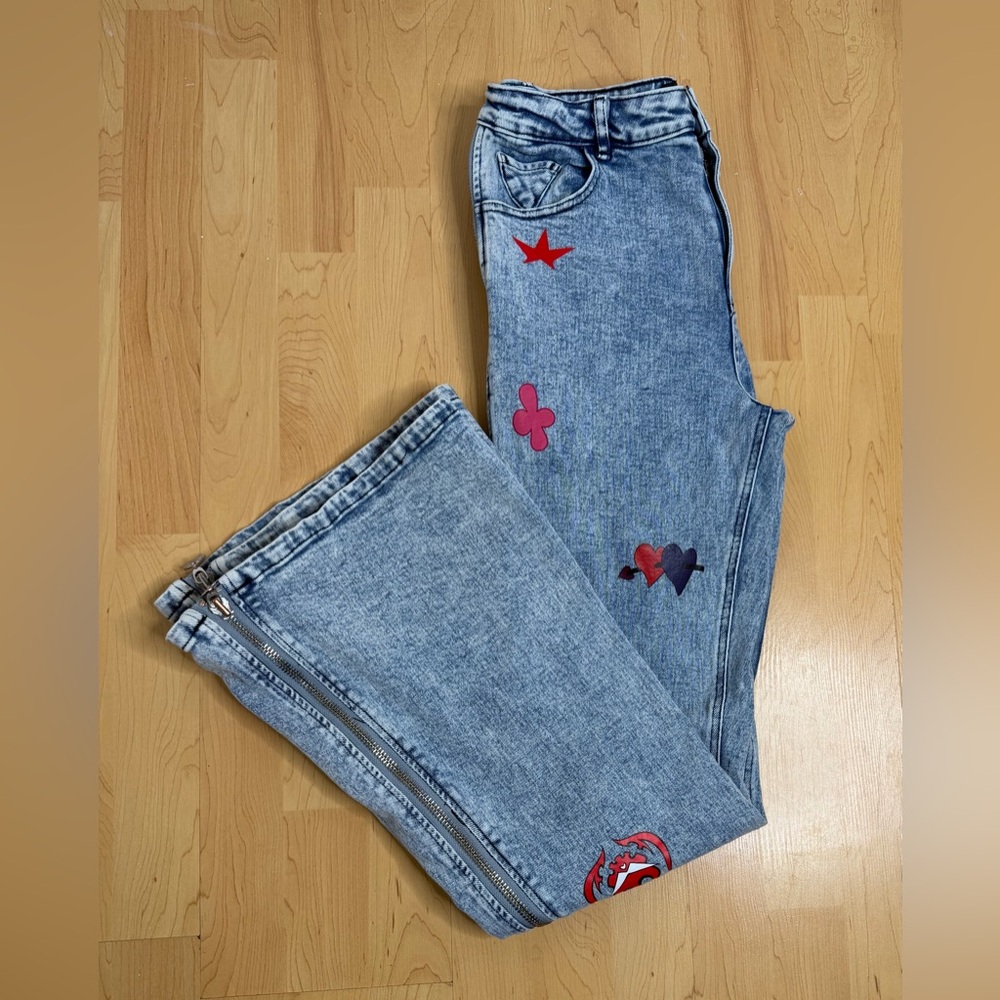 VEES Y2K Patchwork Flare Jeans Side Zipper Bell Bottom High Rise Festival - Picture 4 of 12